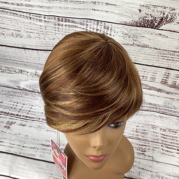 Bio Tapered Wig F2315 Dark Brown Highlights Swoop Heat Safe Adjustable Synthetic - Picture 5 of 7